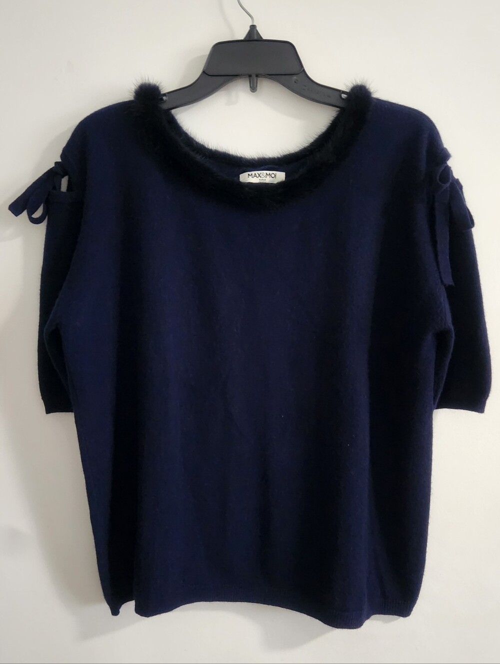Max & Moi Paris Cashmere Mink Trim Sweater Size 38 FR Size 6 Us Navy